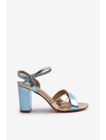 Eko Skórzane Sandały Na Obcasie Słupku Niebiesko-Złote Abilica