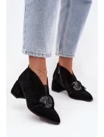 Skórzane Zamszowe Botki Damskie Na Obcasie Z Ozdobą D&A MR52-182 Czarne
