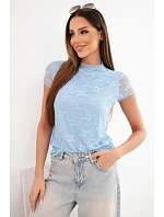 Dámska viskózna čipkovaná blúzka s krátkym rukávom a polokošeľou modrá Dámska viskózna čipkovaná blúzka s krátkym rukávom a polokošeľou modrá