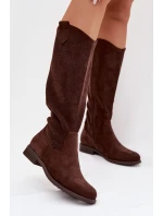 Dámské kozačky s krajkovým vzorem na nízkém podpatku S.Barski HY61-8022 Čokoládové