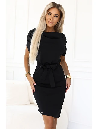 Dámske šaty s asymetrickou sukňou a opaskom 240-8 black - Numoco
