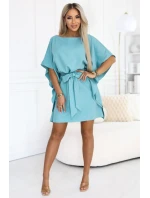 287-40 SOFIA Motýlie šaty so zaväzovaním v páse - pastelovo tyrkysové