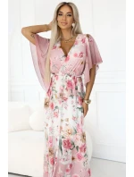 603-4 Vzdušné maxi šaty s obálkovým výstrihom a kvetinovým vzorom - PINK Roses