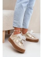 Sneakersy Damskie Na Platformie Z Ozdobami Beżowo-Złote Vinness
