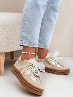 Sneakersy Damskie Na Platformie Z Ozdobami Beżowo-Złote Vinness