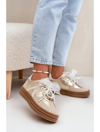 Sneakersy Damskie Na Platformie Z Ozdobami Beżowo-Złote Vinness