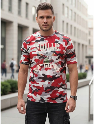 Pánske červeno-biele tričko s vojenskou potlačou FashionStreet NX2005R Pánske červeno-biele tričko s vojenskou potlačou FashionStreet NX2005R