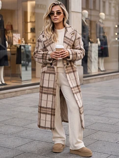 Płaszcz damski długi dwurzędowy z wełną w kratę beżowy FashionStreet NY0829