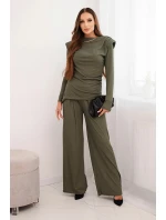 Dámsky bavlnený set s blúzkou a širokými nohavicami Khaki