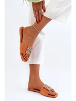 Klapki Damskie Na Płaskim Obcasie Z Ozdobą Pomarańczowe Inaile