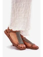 Płaskie Eleganckie Sandały Damskie Z Kryształkami Artiker 56C1365 Brązowe