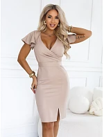 479-16 NINA – elegantné šaty s výstrihom do V, rukávmi a opaskom – tmavo béžové s brokátom 479-16 NINA – elegantné šaty s výstrihom do V, rukávmi a opaskom – tmavo béžové s brokátom