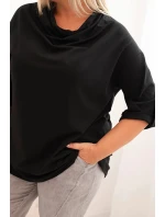 Dámske Plus veľkosť bavlnená blúzka s voľným strihom a vodným výstrihom čierna
