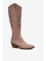 Zazoo 2909 Zamszowe Kozaki Ażurowe Na Niskim Obcasie Beżowe