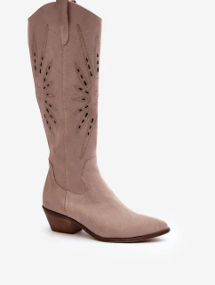 Zazoo 2909 Zamszowe Kozaki Ażurowe Na Niskim Obcasie Beżowe