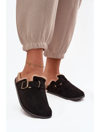Klapki Chodaki Damskie Ocieplane Futerkiem Z Klamrą Czarne Sylisse