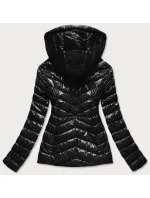 Krátka čierna prešívaná dámska bunda s kapucňou (CAN-333)