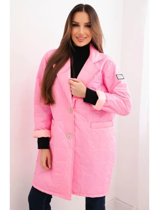 Dámske Plus veľkosť prešívaná bunda s ozdobnými gombíkmi a golierom Bright Pink