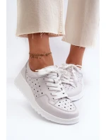 Ażurowe Damskie Sneakersy Na Koturnie Skóra Naturalna Jasnoszare S.Barski LR482