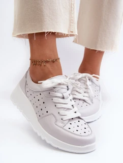 Ażurowe Damskie Sneakersy Na Koturnie Skóra Naturalna Jasnoszare S.Barski LR482