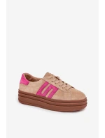Sneakersy Damskie Na Platformie Z Naturalnego Zamszu Beżowo-Różowe Eldira