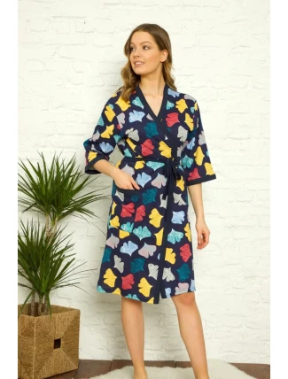 Dámsky župan Y19260 tm. modrý s lístkami - La Penna Dámsky župan Y19260 tm. modrý s lístkami - La Penna