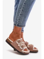 Damskie Kapcie Klapki Z Klamrami I Futerkiem Beżowe Ezilena