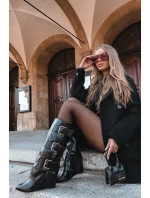 Dámské kozačky na platformě s ohnutým horním lemem a stříbrnými přezkami Černé Sarisse