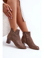 Ażurowe Botki Damskie Eko Zamszowe Na Słupku Z Odkrytymi Palcami Brązowe Halania