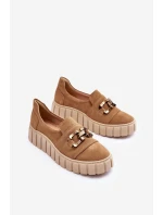 Zamszowe Półbuty Damskie Na Platformie Z Ozdobą Ciemnobeżowe Lewski 3398