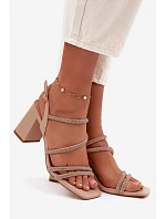 Dámske sandále na podpätku s remienkami a kamienkami Beige Brelia Dámske sandále na podpätku s remienkami a kamienkami Beige Brelia