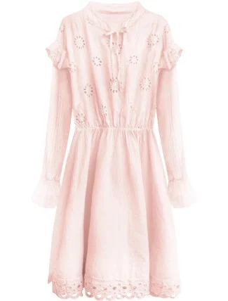 Bavlnené dámske šaty v púdrovo ružovej farbe s výšivkou (303ART)