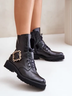 Zazoo 2951 Lakierowane Botki Z Ozdobną Klamrą Czarne