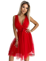 Červené tylové dámske šaty s výstrihom a mašľou 523-2