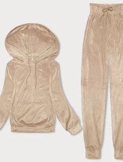 Dámska velúrová tepláková súprava s kapucňou svetlo béžová (8C1175-159)