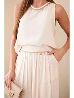 Dámska súprava z viskózy, top bez rukávov a široké nohavice s ozdobným lemovaním, béžová