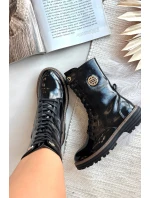 Lakierowane Botki Workery Damskie Ze Złotym Detalem Ocieplane Czarne Dorialine