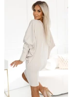 402-7 Sveter teplé netopierie šaty s výstrihom - béžové