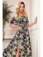 Dlouhé dámské šaty se španělským výstřihem a vzorem zelených listů a zlatých řetízků 194-4 - Numoco Dlouhé dámské šaty se španělským výstřihem a vzorem zelených listů a zlatých řetízků 194-4 - Numoco