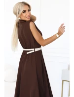 596-4 Elegantná midi košeľa so zlatými gombíkmi a opaskom - CHOCOLATE 596-4 Elegantná midi košeľa so zlatými gombíkmi a opaskom - CHOCOLATE