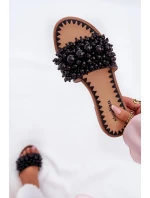 Klapki Damskie Płaskie Z Ozdobnymi Koralikami Czarne Aricca