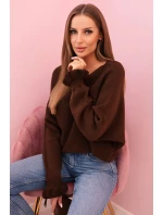 Dámsky mohérový sveter s nariasenými rukávmi a výrezom na chrbte hnedý