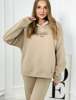 Izolovaná bavlnená súprava, mikina s vyšívacími + nohavicami béžový