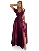 411-10 CRYSTAL saténové dlhé šaty s výstrihom - bordové 411-10 CRYSTAL saténové dlhé šaty s výstrihom - bordové