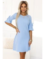 217-11 NEVA Trapézové šaty so zaväzovaním na rukávoch - MODRÉ