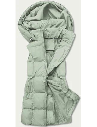 Perová dámska vesta v pistáciovej farbe s kapucňou (5M721-236)