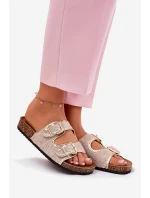 Materiałowe Klapki Damskie Na Korkowej Platformie Z Klamrami Złote Osoffe