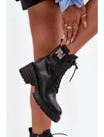 Skórzane Botki Workery Damskie Na Klocku Z Ozdobnym Detalem Artiker 57C0214 Czarne
