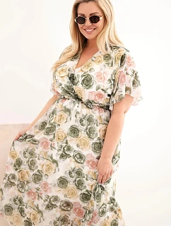 Dámske plus size šaty s kvetinovým vzorom a khaki kravatou