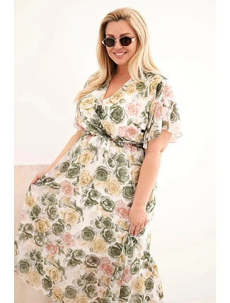 Dámske plus size šaty s kvetinovým vzorom a khaki kravatou